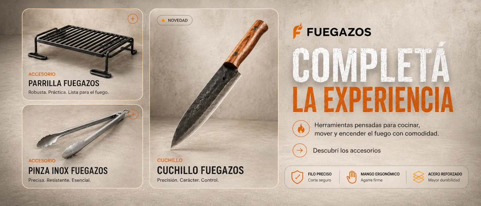 Cuchillo Titan: acero inoxidable, forjado a mano en Córdoba, mango ergonómico e isotipo grabado.